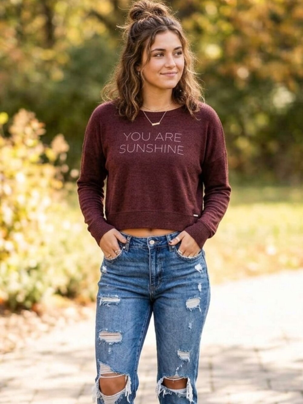 Gilly Hicks You Are Sunshine Maroon Cropped Knit Pullover Sweater Small S